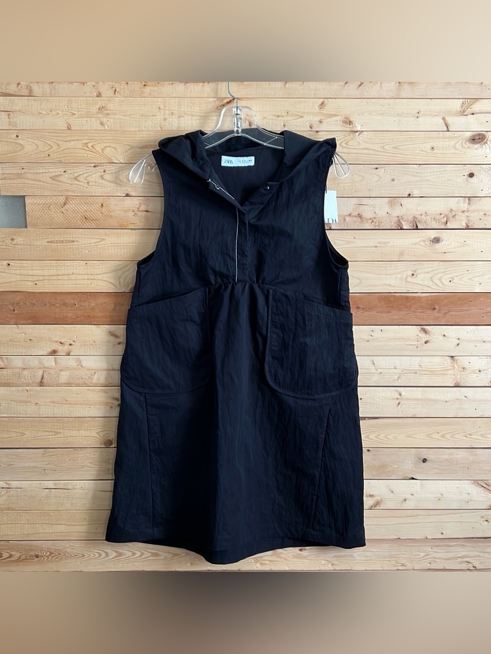 Zara Children Black Sleeveless Hooded Pockets Front Dress Kids size 13/14 NWT